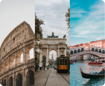 The Colosseum in Rome, the Arco della Pace in Milan and the Rialto Bridge in Venice